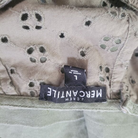 J.Crew Mercantile Eyelet-Detail Blouse L Sage Green Linen Long Sleeve Boho Top - Picture 3 of 6